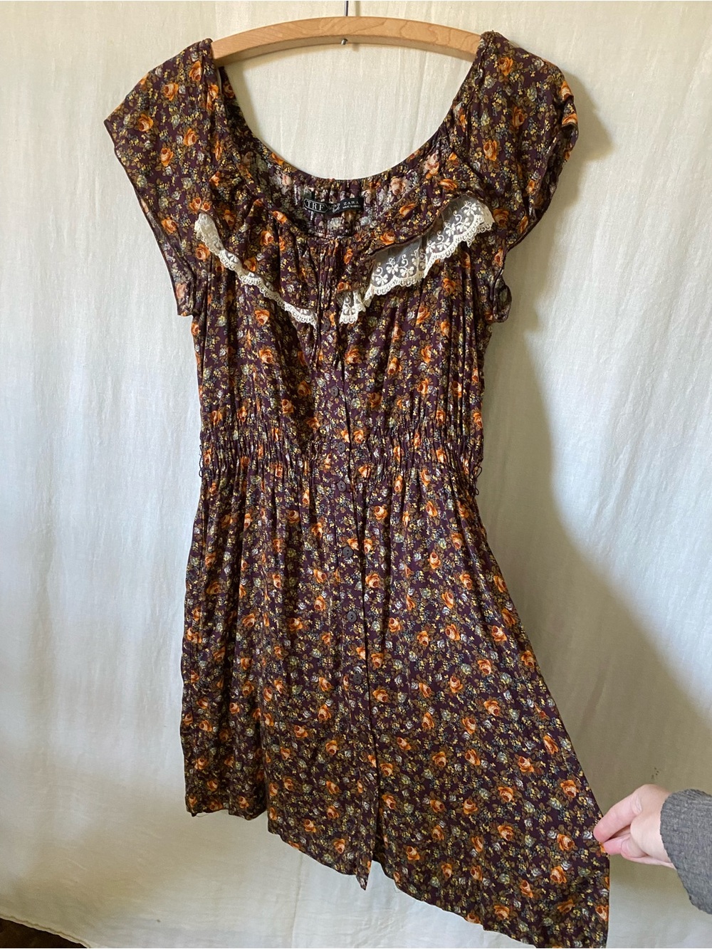 Zara Floral Mini Dress in Brown and Orange with Lace Trim Ruffle and pockets - M